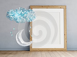 Mock up of blank photo frames on plastered walll, scandinavian minimalism childroom interior with balls in the form of the moon