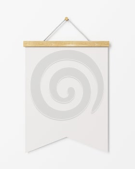 Mock up blank poster flag with wooden frame hanging on the white wall, background