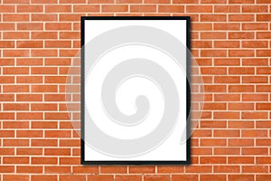 Mock up blank poster picture frame hanging on red brick wall background in room - can be used mock up for montage products display