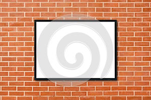 Mock up blank poster picture frame hanging on red brick wall background in room - can be used mock up for montage products display