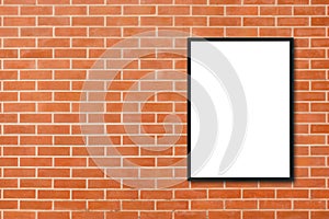 Mock up blank poster picture frame hanging on red brick wall background in room - can be used mock up for montage products display