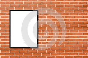 Mock up blank poster picture frame hanging on red brick wall background in room.