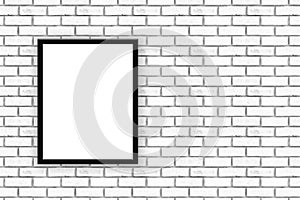 Mock up blank poster picture frame hanging on white brick wall b