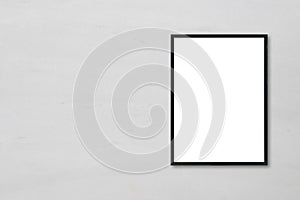 Mock up blank poster picture frame hanging on white marble wall background in room.