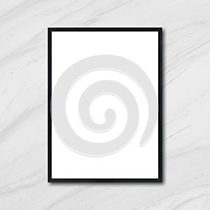 Mock up blank poster picture frame hanging on white marble wall in room.