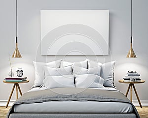 Mock up blank poster on the wall of bedroom, 3D illustration background