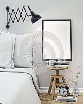 Mock up blank poster on the wall of bedroom, 3D illustration background