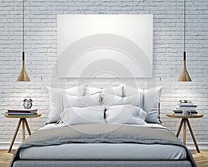 Mock up blank poster on the wall of bedroom, 3D illustration background