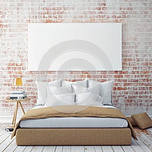 Mock up blank poster on the wall of bedroom,
