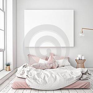 Mock up blank poster on the wall of bedroom