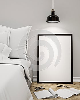 Mock up blank poster on the wall of bedroom, 3D illustration background