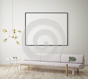 Mock up blank poster on the wall of hipster living room, 3D rendering,