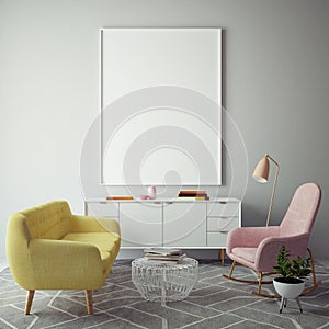 Mock up blank poster on the wall of hipster living room, 3D rendering