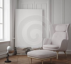 Mock up blank poster on the wall of hipster living room, 3D rendering