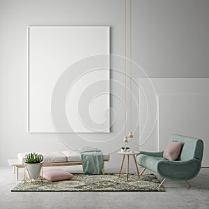 Mock up blank poster on the wall of hipster living room, 3D rendering,