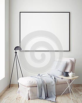 Mock up blank poster on the wall of hipster living room,