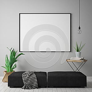 Mock up blank poster on the wall of hipster living room, scandinavian style, 3D rendering,