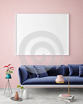 Mock up blank poster on the wall of vintage living room,