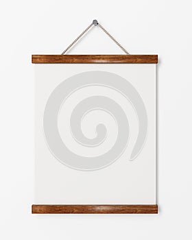 Mock up blank poster with wooden frame hanging on the white wall, background