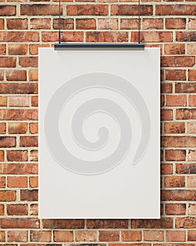 Mock up blank white hanging poster on brick wall, background