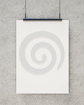 Mock up blank white hanging poster on concrete wall, background