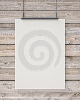 Mock up blank white hanging poster on horizontal wooden planks wall, background