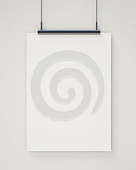 Mock up blank white hanging poster on white wall, background