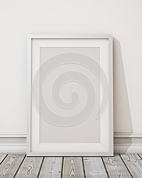 Mock up blank white picture frame on the white wall and the wooden floor, background photo