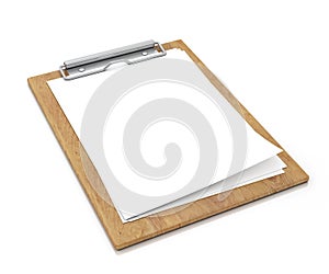 Mock up blank wooden clipboard in perspective isolated on white background