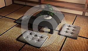 Mock up, bonsai tree on black low table and Cushions on tatami mat Designing the most beautiful. 3D rendering