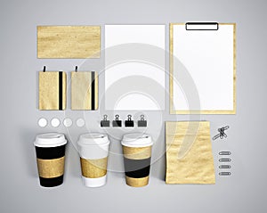 Mock up with branding. Paper cups, letterheads, business cards, bags. 3d