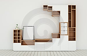 Mock up Cabinet design mockup in modern empty room,white floor wooden on white wall room japanese style.3d rendering