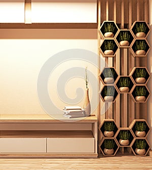 Mock up cabinet wooden japanese style design in room minimal and Hexagon shelf on wall.3D rednering