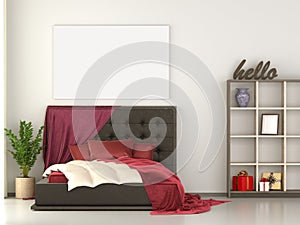 Mock up canvas poster bed room with kingsize bed, bookshelf, vase, gift box, red pillow, blanket and plant. White wall Background