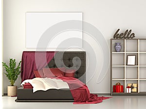 Mock up canvas poster bed room with kingsize bed, bookshelf, vase, gift box, red pillow, blanket and plant. White wall Background photo