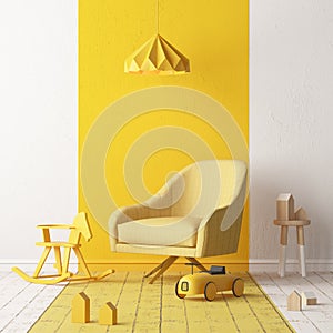 Mock up of a children`s bedroom in a locally yellow color. Scandinavian style. 3d rendering. photo