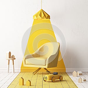 Mock up of a children`s bedroom in a locally yellow color. Scandinavian style. 3d rendering. photo