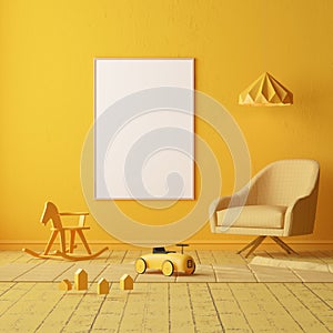 Mock up of a children`s bedroom in a locally yellow color. Scandinavian style. 3d rendering. photo