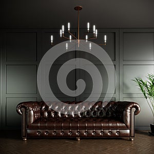 mock up classic style room with leather sofa and pendant lighting. green room design. 3D illustration background.