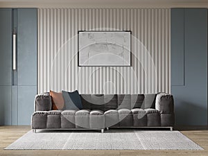 Mock up of a compact living room with trendy sofa design.