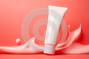 Mock Up, Cosmetic tube cream on coral tone background, generative AI