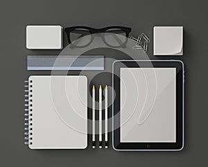 Mock up 3d model of white blank stationery design template set with tablet and obstacles isolated on grey background photo