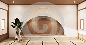 Nihon room design interior and cabinet shelf wall on tatami mat floor room japanese style. 3D rendering photo