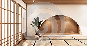 Nihon room design interior and cabinet shelf wall on tatami mat floor room japanese style. 3D rendering photo