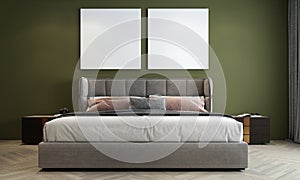 The modern bedoom and canvas oc empty green pattern wall texture background interior design / 3D rendering
