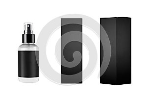 Mock up for design of packing cosmetics product - small transparent spray bottle, white label and black paper boxes of different.