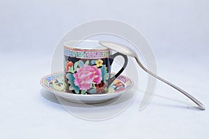 Mock up / design set of elegant and traditional colorful coffee cup & Tea cup on cup`s plate , drink-ware , kitchen isolated on wh