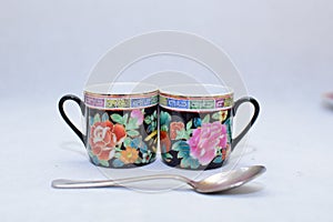 Mock up / design set of elegant and traditional colorful coffee cup & Tea cup on cup`s plate , drink-ware , kitchen isolated on wh