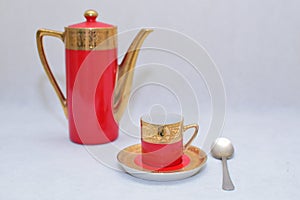 Mock up / design set of elegant and traditional colorful Red and gold traditional elegant coffee cup & Tea cup on cup`s plate besi