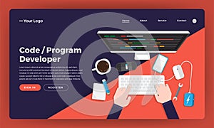 Mock-up design website flat design concept coding and programming developer. Vector illustration.
